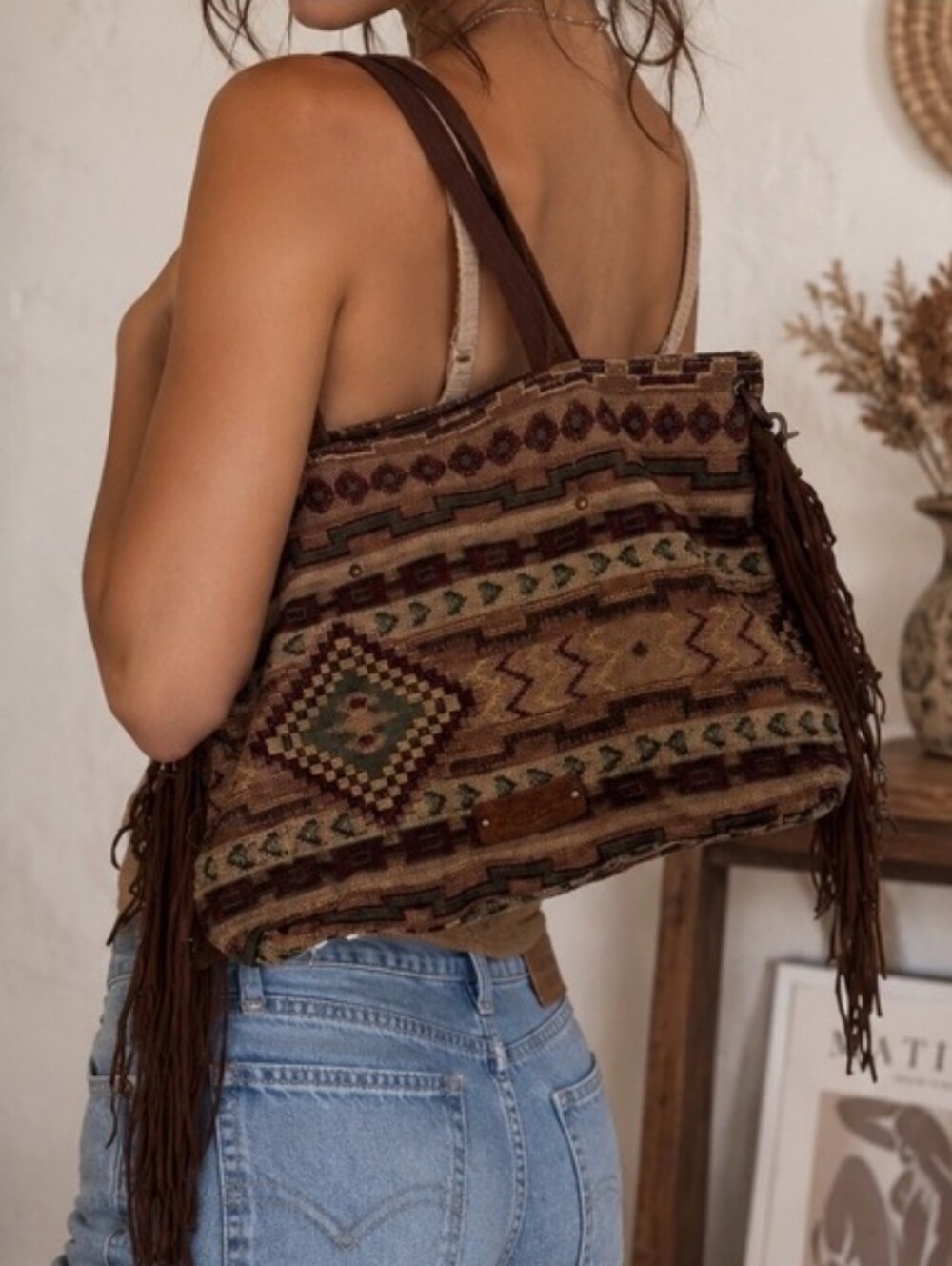Lucky Brand Southwestern Tapestry Fringe SuedeTote Bag Boho Western Carpet Bag